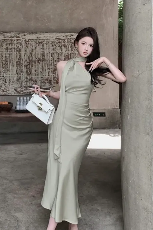 Light Grey Solid Scarf Neck Dress - NEWME
