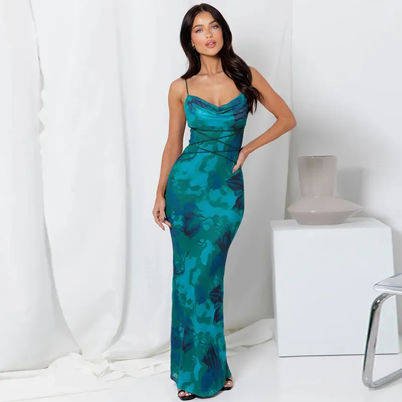 Teal Floral Cowl Neck Bodycon Dress