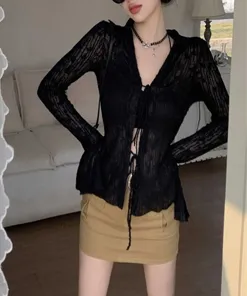 Black Textured Tie Up Top