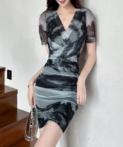 Black Abstract Surplice Neck Bodycon Dress