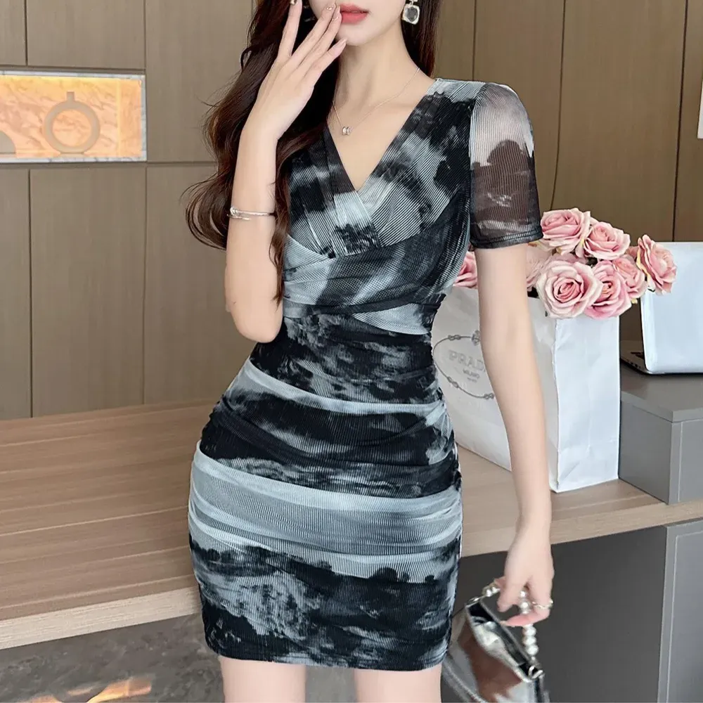 Black Abstract Surplice Neck Bodycon Dress - Image 2