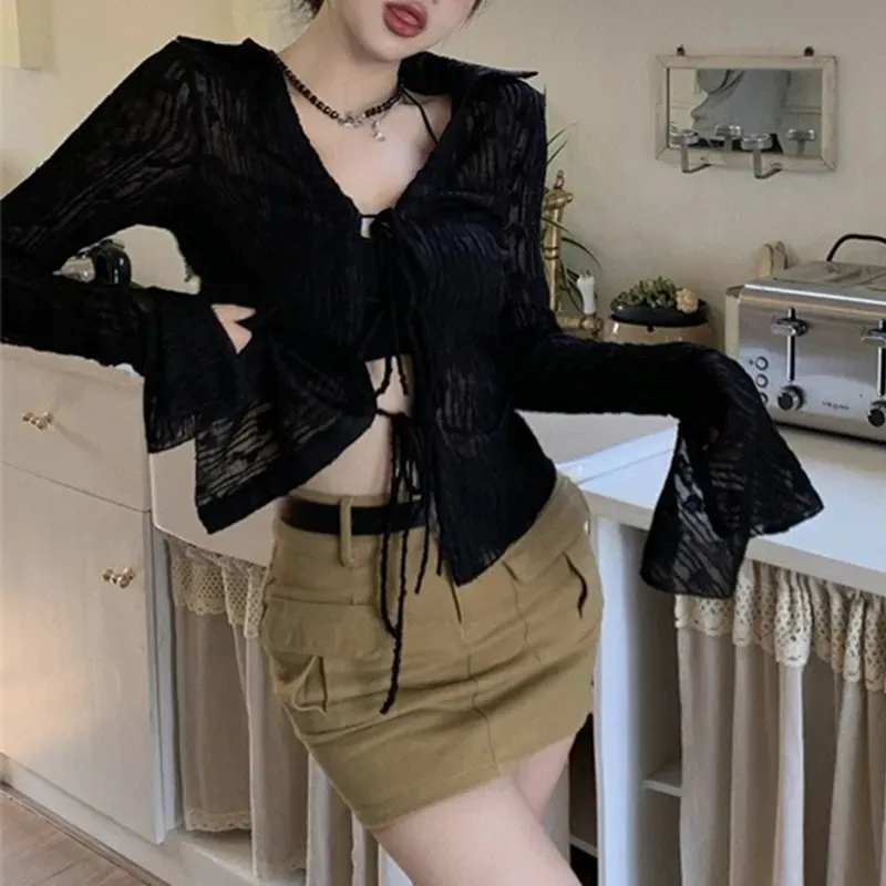 Black Textured Tie Up Top - Image 2