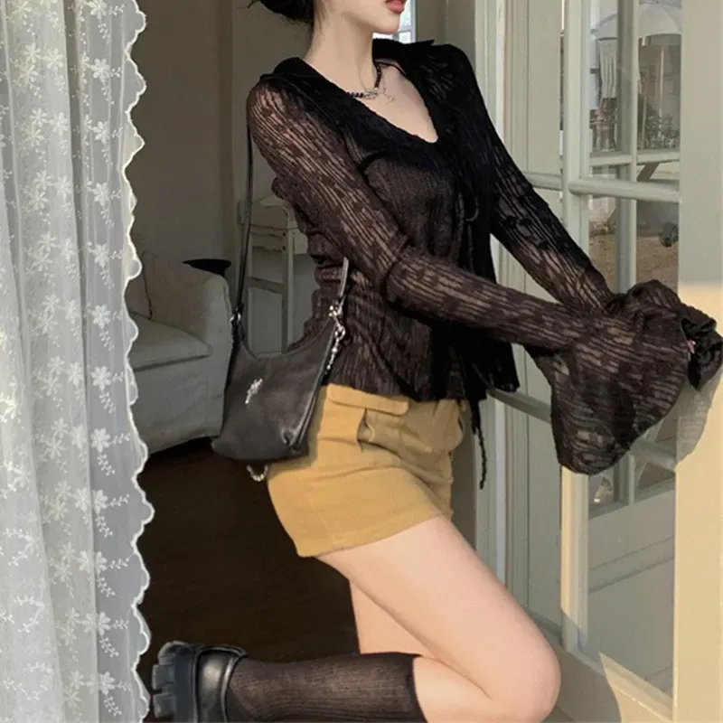 Black Textured Tie Up Top - Image 3