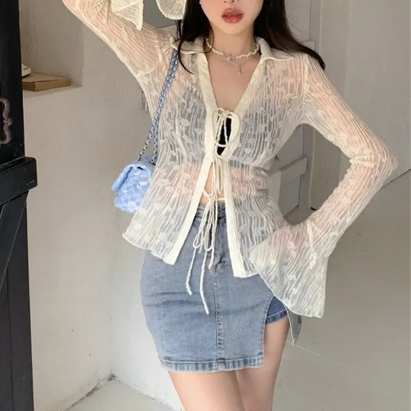 Cream Textured Tie Up Top - Image 1
