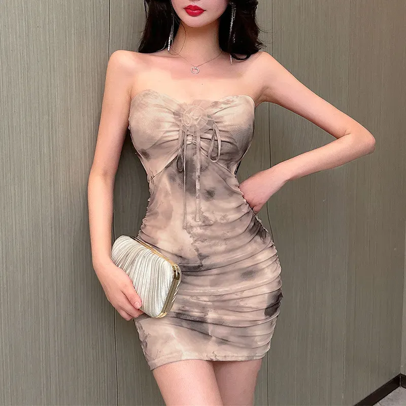 Beige Abstract Strapless Ruched Dress - Image 1