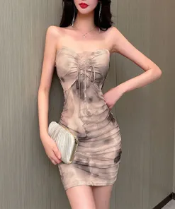 Beige Abstract Strapless Ruched Dress