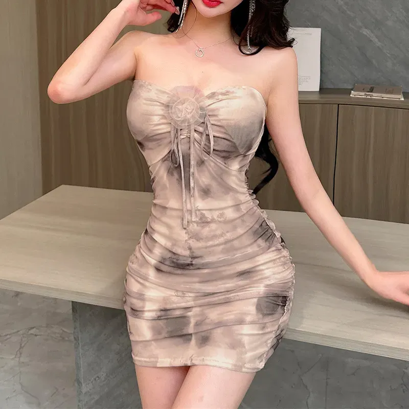 Beige Abstract Strapless Ruched Dress - Image 2