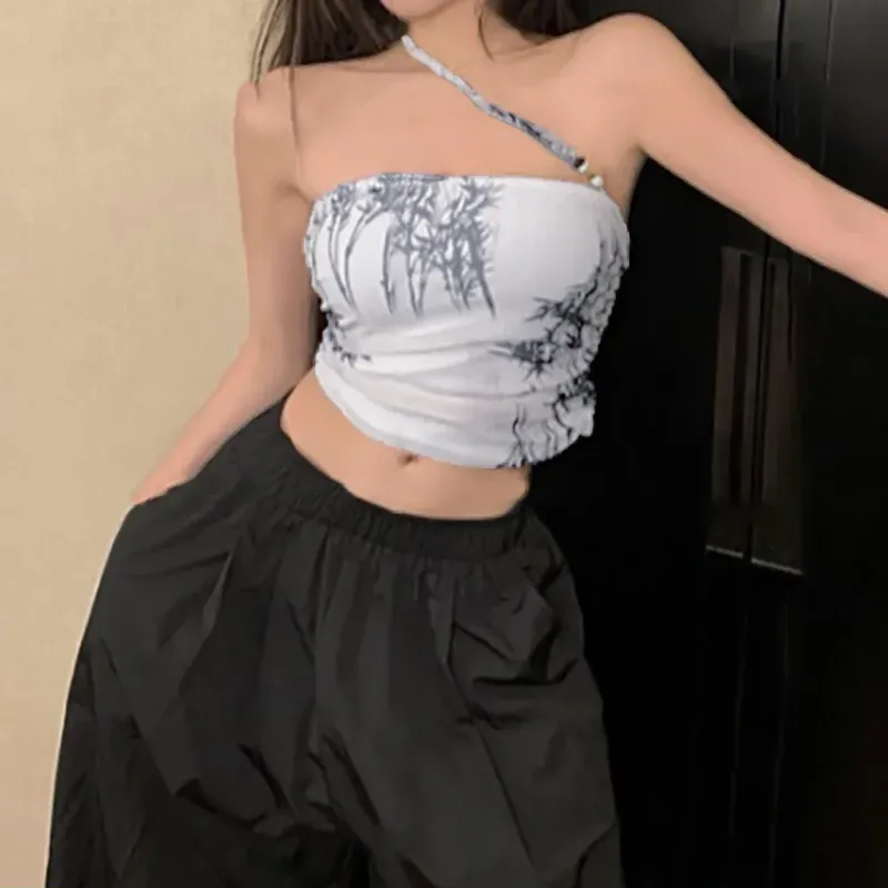 White Abstract One Shoulder Tube Top - Image 2