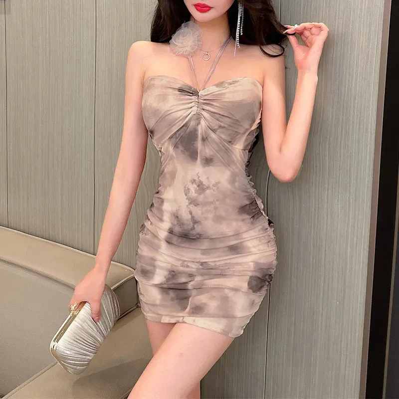 Beige Abstract Strapless Ruched Dress - Image 3