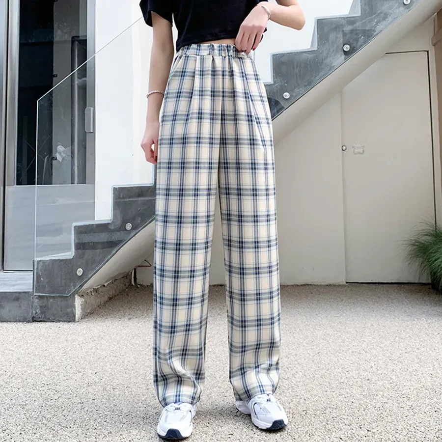 Cream Plaid Relaxed Trousers - Image 1