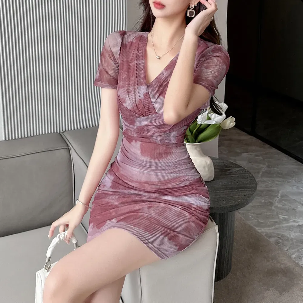Mauve Abstract Surplice Neck Bodycon Dress - Image 3