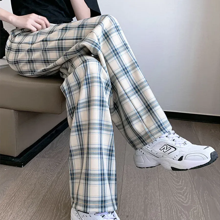 Cream Plaid Relaxed Trousers - Image 4