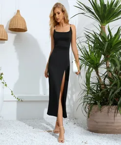 Black Spaghetti Strap Midi Dress