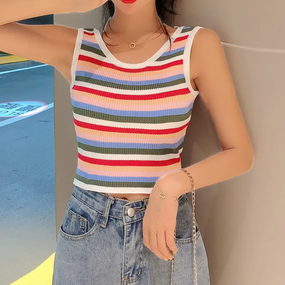 Multicolor Ribbed Round Neck Tank Top - Image 1