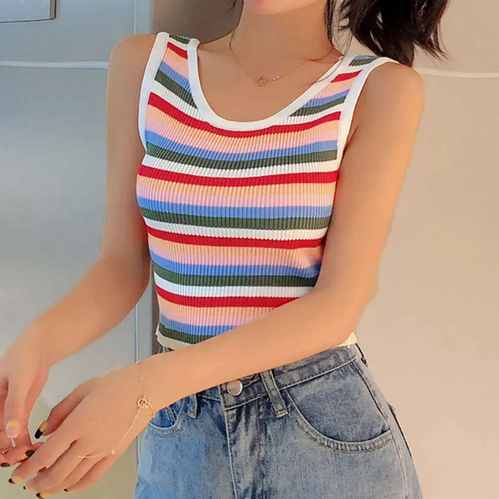Multicolor Ribbed Round Neck Tank Top - Image 2