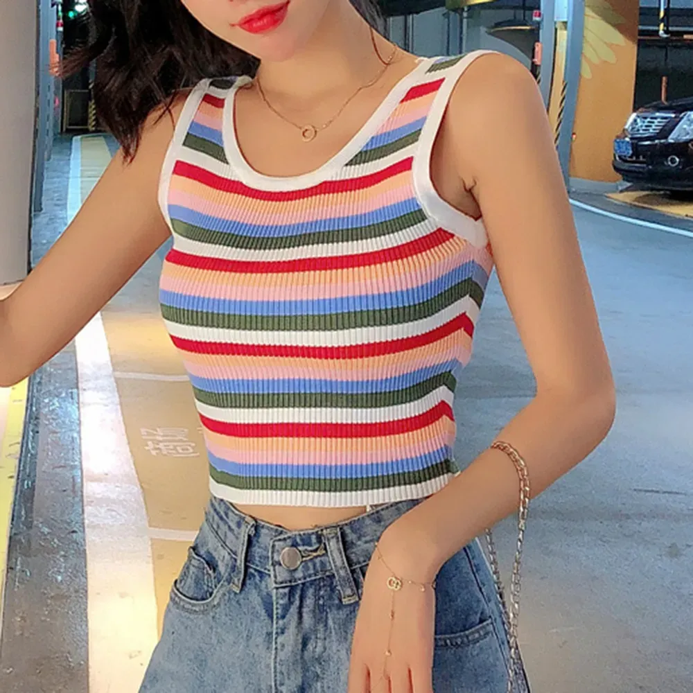 Multicolor Ribbed Round Neck Tank Top - Image 3
