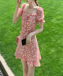 Pink Floral Sweetheart Neck Mini Dress