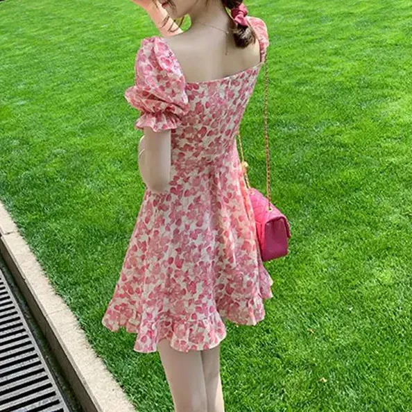 Pink Floral Sweetheart Neck Mini Dress - Image 4