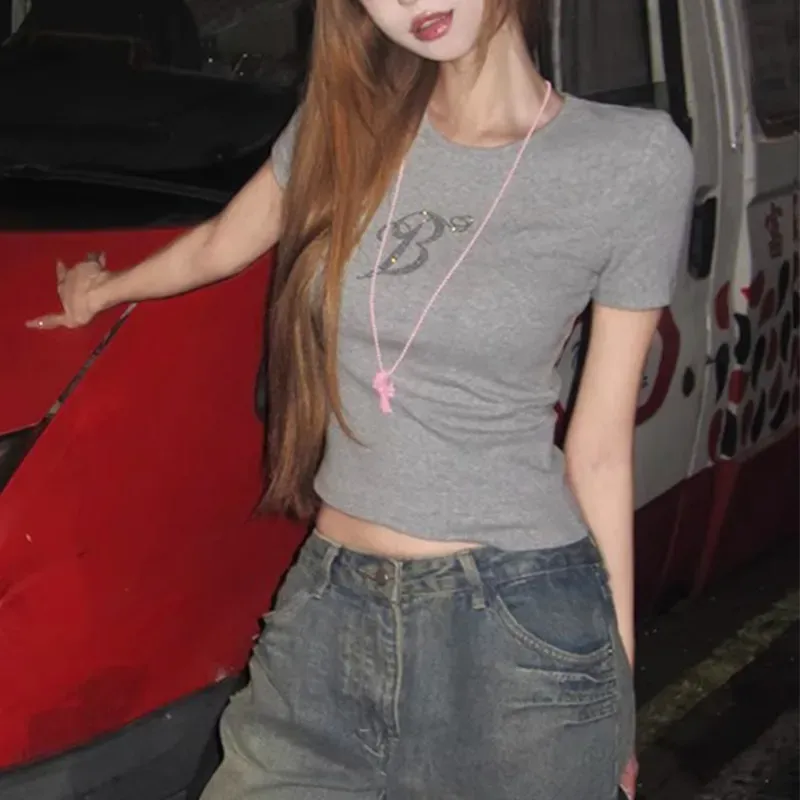 Grey Embellished Round Neck Crop Tshirt - Image 1
