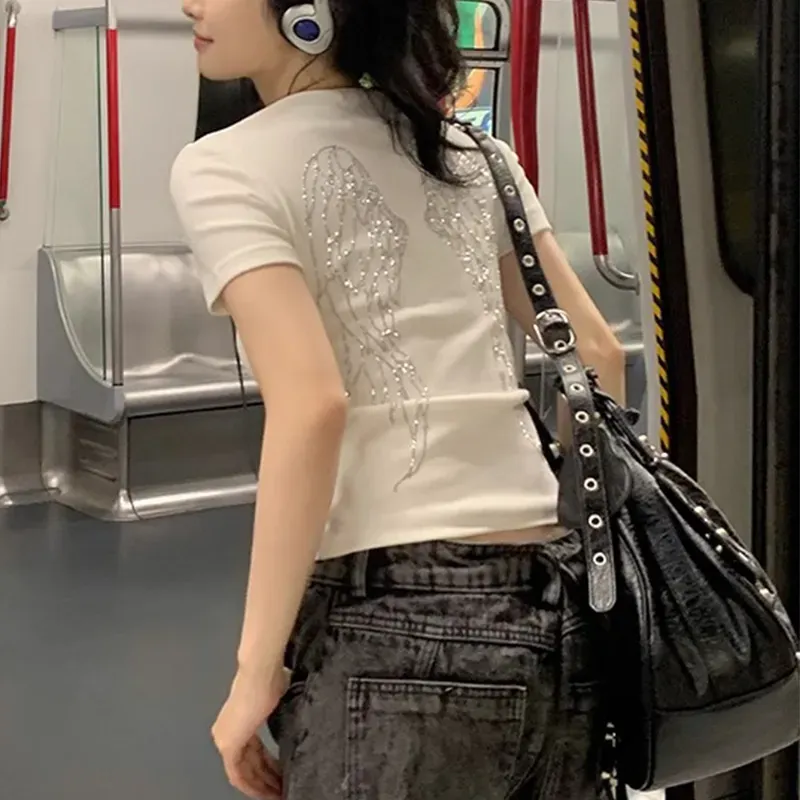White Embellished Round Neck Crop Tshirt - Image 2