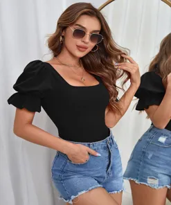 Black Solid Square Neck Bodysuit