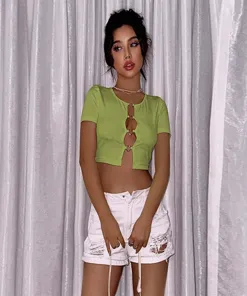 Green Ribbed Heart Detail Crop Top