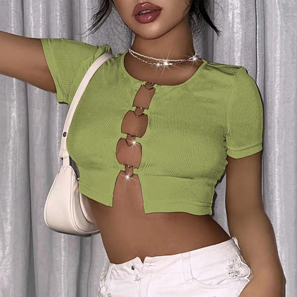 Green Ribbed Heart Detail Crop Top - Image 2