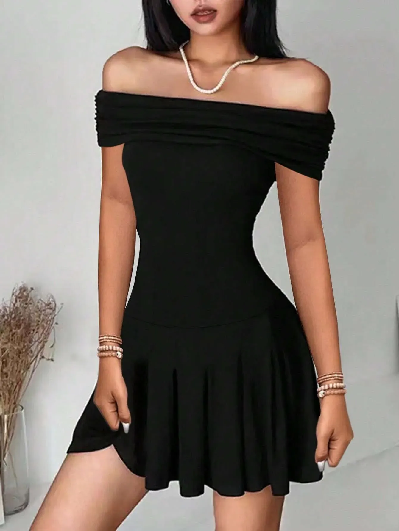 Black Solid Off Shoulder Mini Dress - Image 1