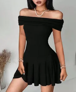Black Solid Off Shoulder Mini Dress