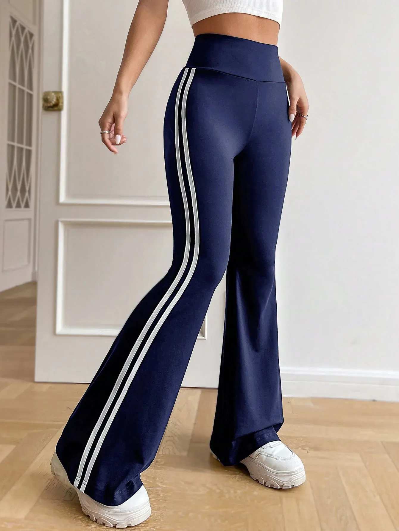 Navy Varsity Striped Boot Cut Track Pants - Image 1