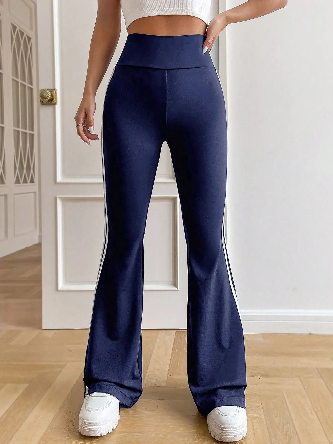 Navy Varsity Striped Boot Cut Track Pants - Image 2