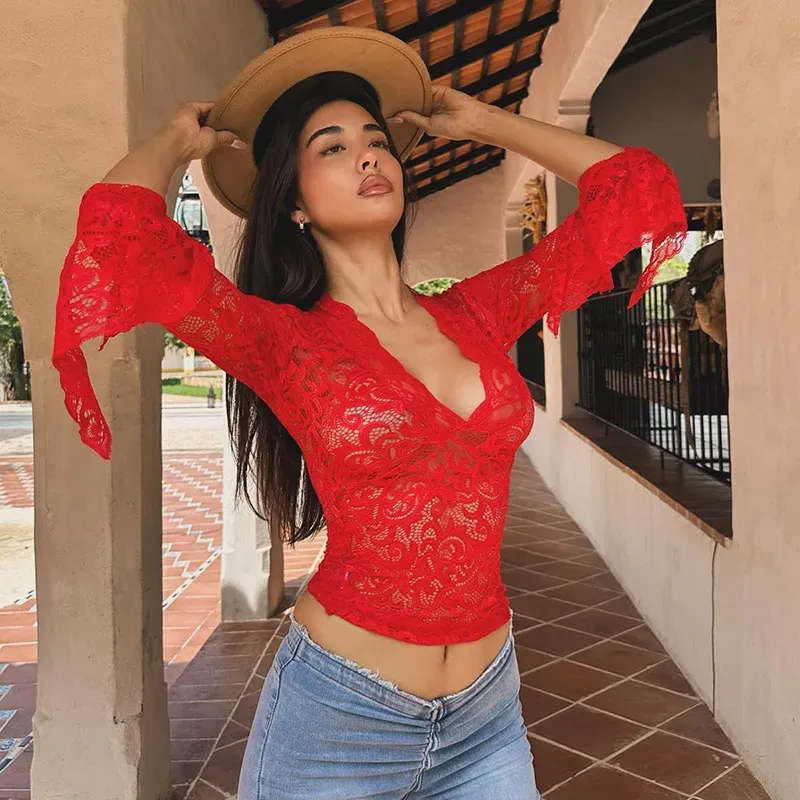 Red Lace Plunging Neck Fitted Top - Image 3