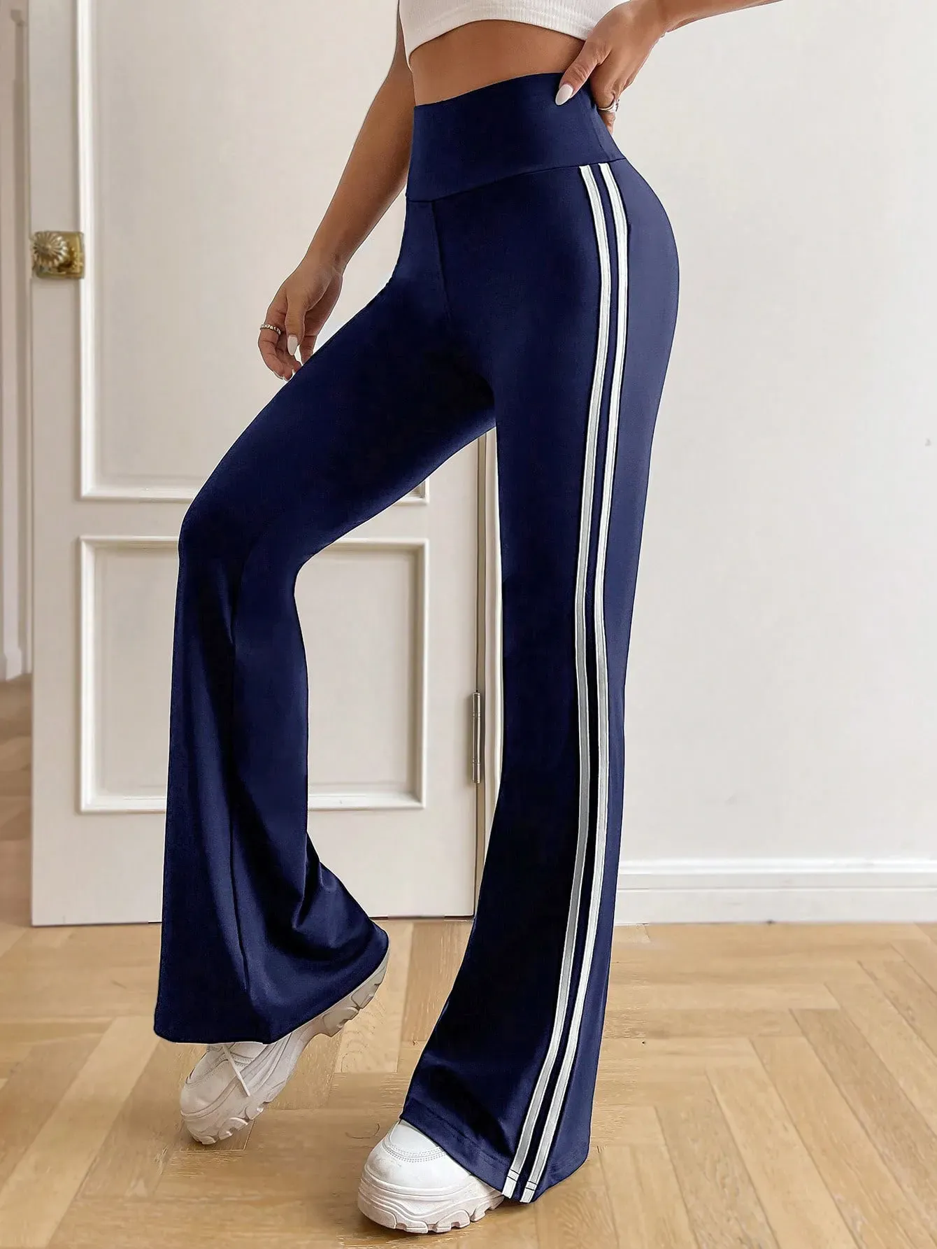 Navy Varsity Striped Boot Cut Track Pants - Image 3