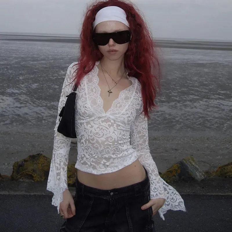 White Lace Plunging Neck Fitted Top - Image 1