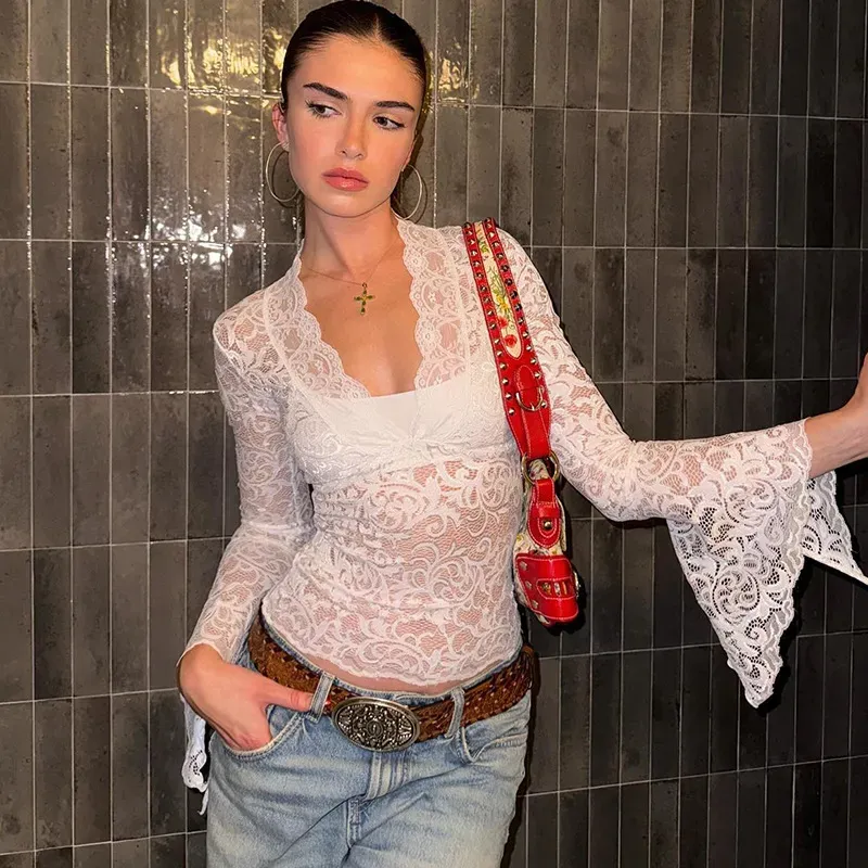 White Lace Plunging Neck Fitted Top - Image 2