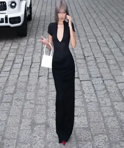 Black Plunging Neck Ruched Maxi Dress