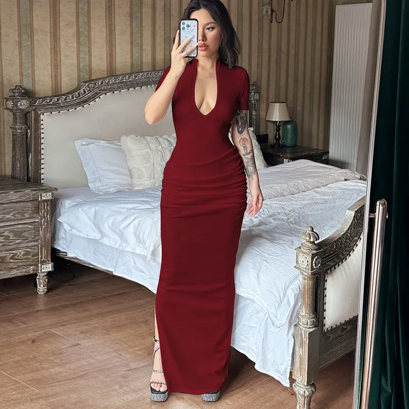 Maroon Plunging Neck Ruched Maxi Dress - Image 1