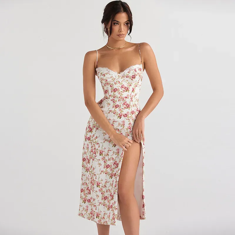 Red Floral Sweetheart Neck Midi Dress - Image 1