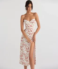 Red Floral Sweetheart Neck Midi Dress