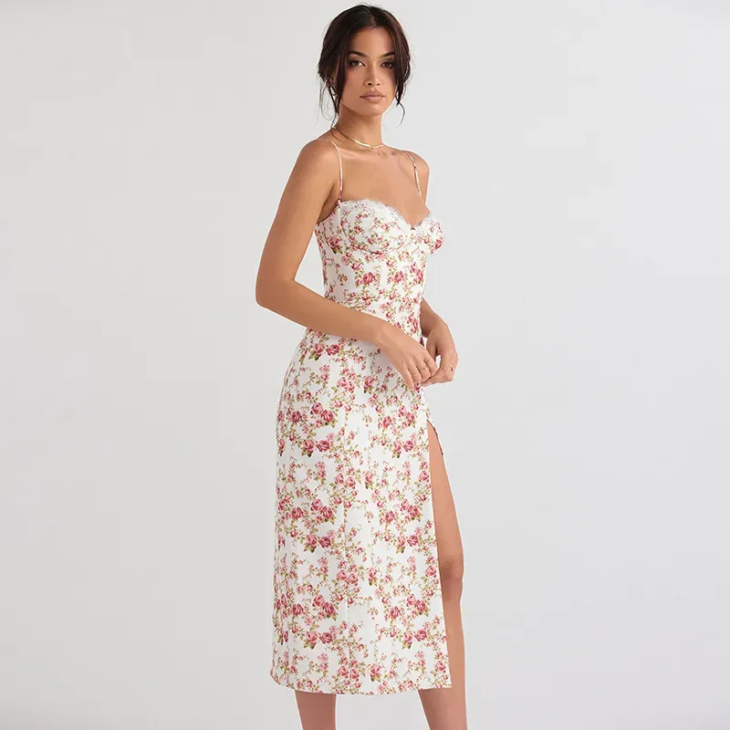Red Floral Sweetheart Neck Midi Dress - Image 2