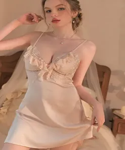 Champagne Plunging Neck Lace Slip Dress
