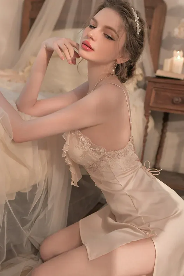 Champagne Plunging Neck Lace Slip Dress - Image 3