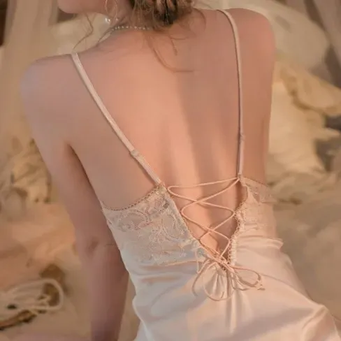 Champagne Plunging Neck Lace Slip Dress - Image 4