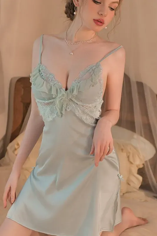 Light Green Plunging Neck Lace Slip Dress - Image 2