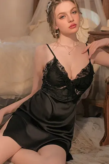 Black Plunging Neck Lace Slip Dress - Image 2