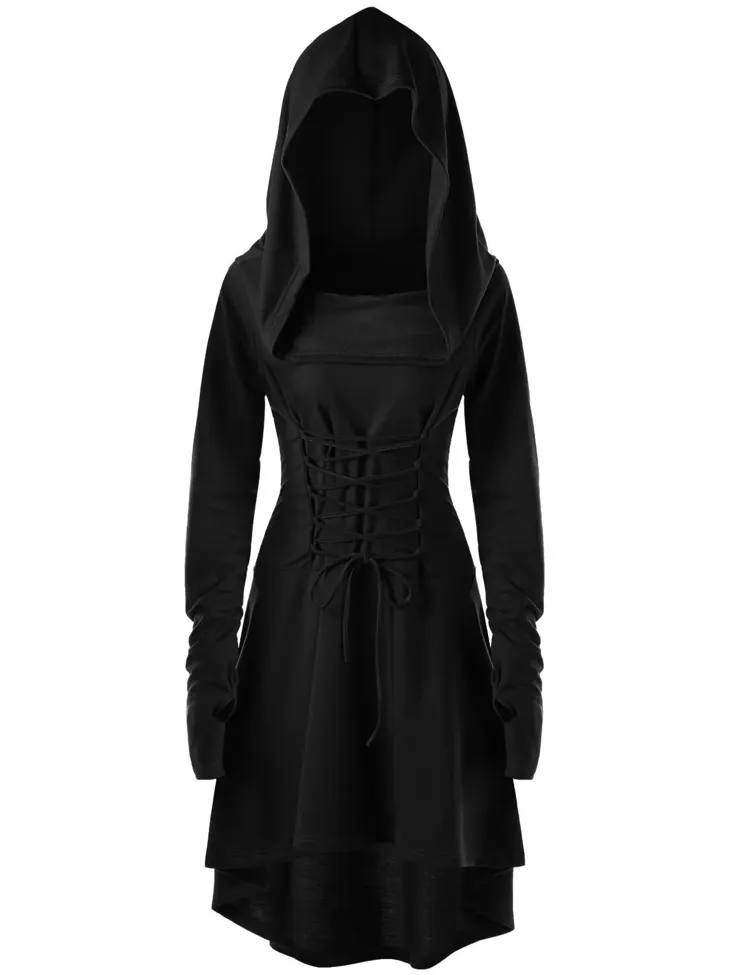 Black Solid Hooded A-Line Dress - Image 1