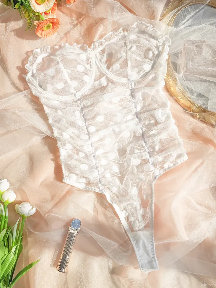 White Polka Dots Ruched Bodysuit - Image 1