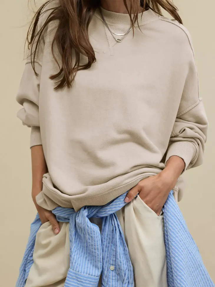 Beige Solid Oversized Sweatshirt - Image 1