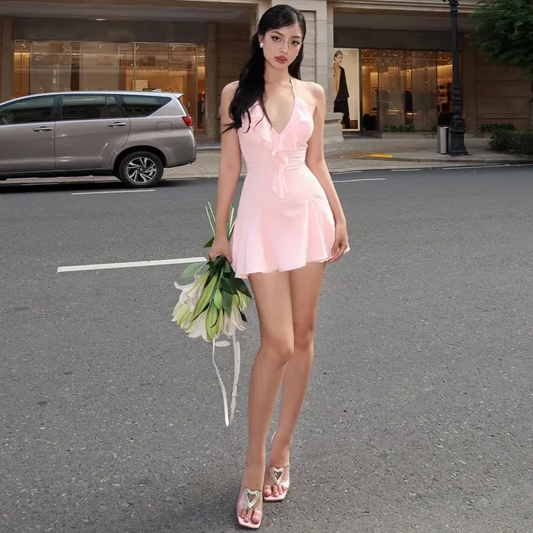 Light Pink Halter Neck Ruffle Mini Dress - Image 1