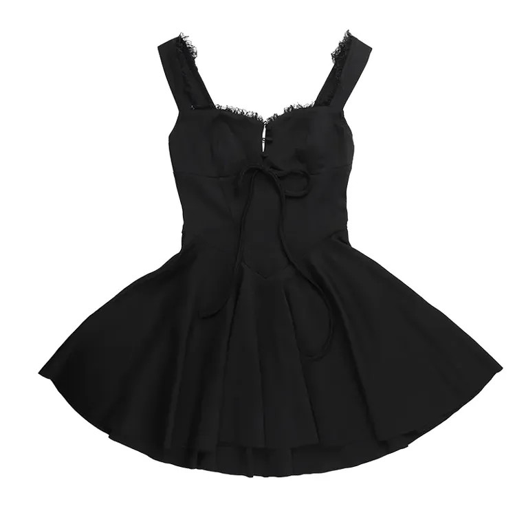 Black Solid Pleated Mini Dress - Image 1